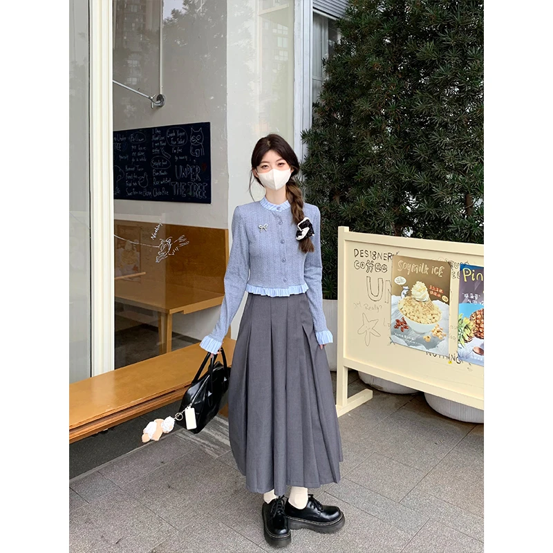 秋季新款设计感小众长袖假两件针织开衫上衣搭百褶半身长裙两件套