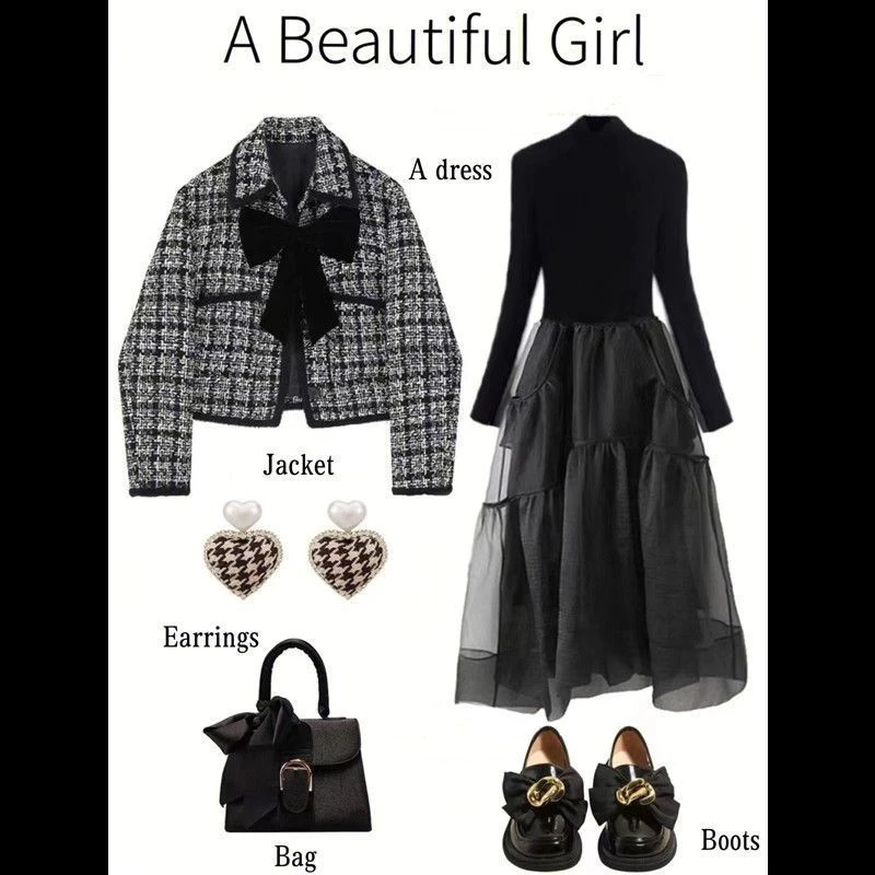 秋季套装女2025新款法式高级感小香风格子外套拼接连衣裙子两件套