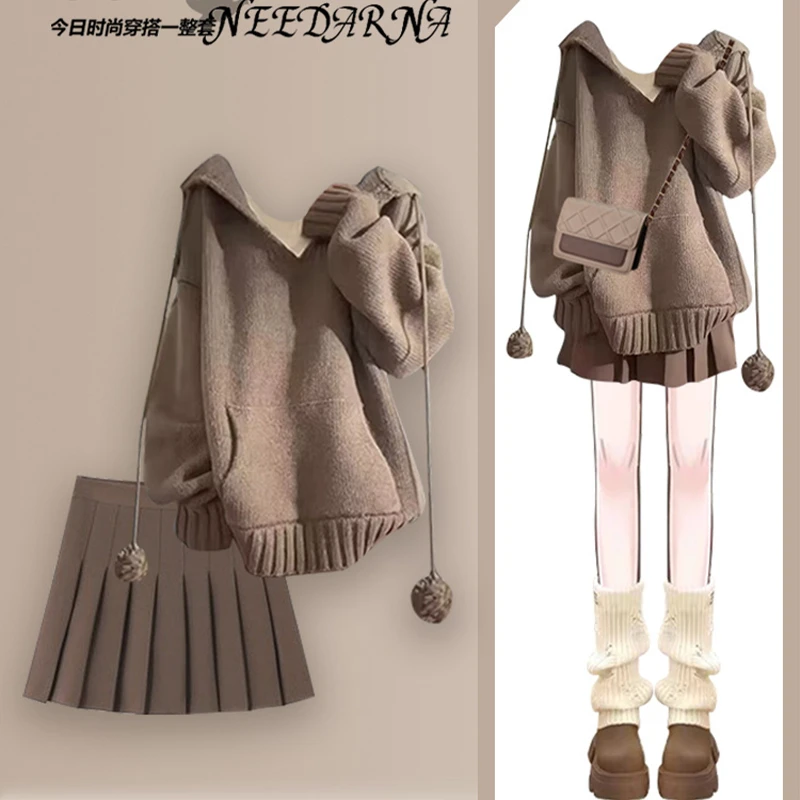 秋冬美拉德新款洋气百搭学院风减龄连帽针织百褶裙休闲套装两件套