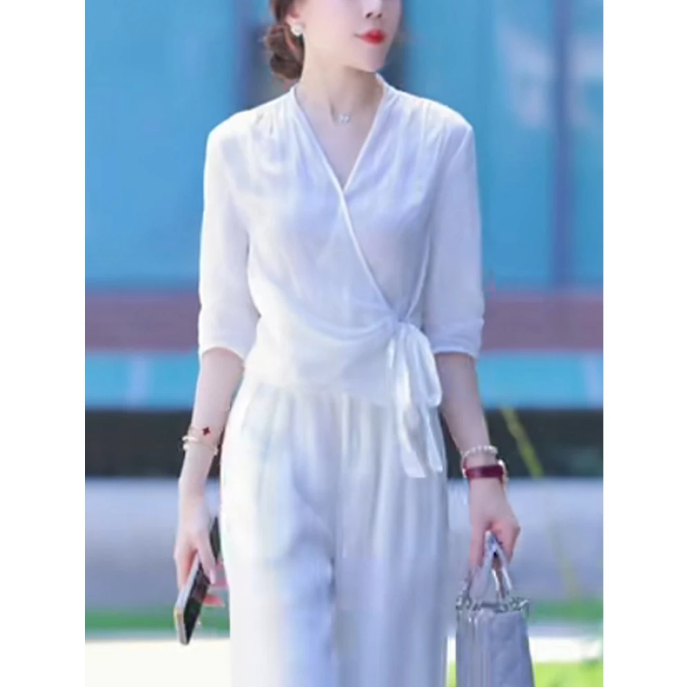 高级感夏季休闲简约白色衬衫女2025新款V领时尚百搭衬衣气质上衣
