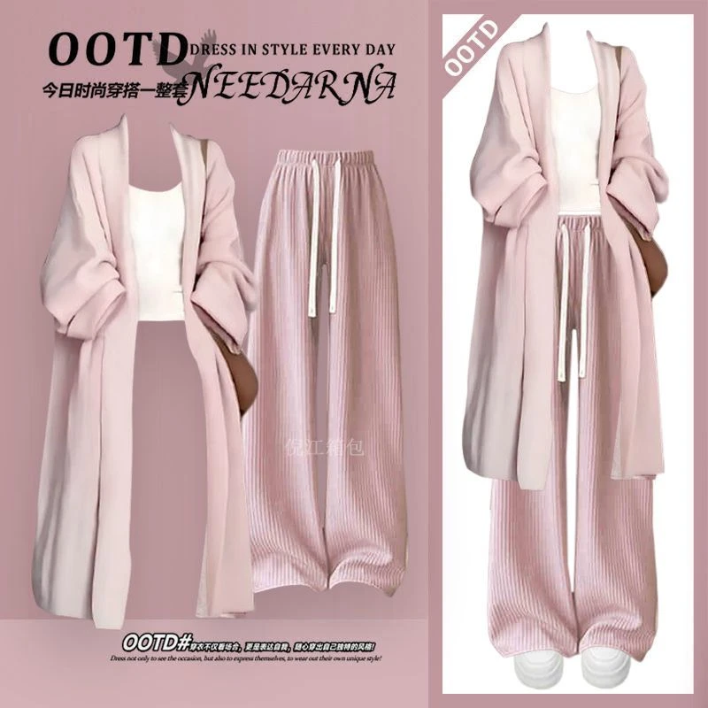 2025秋冬女新款多巴胺穿搭法式温柔风大衣吊带背心配休闲裤三件套