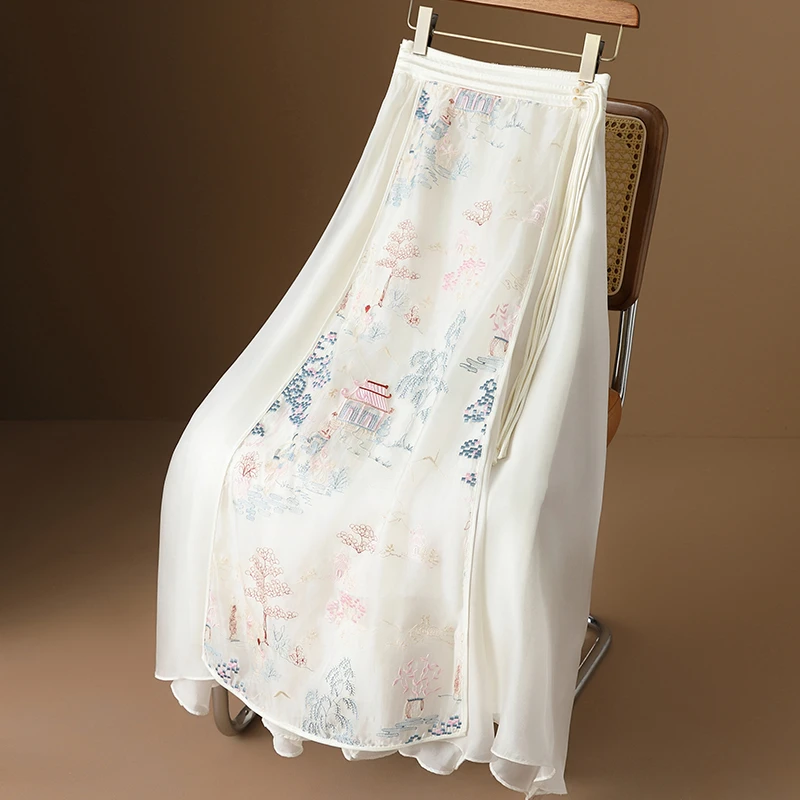 新中式国风精美山水刺绣改良汉服马面裙女a字网纱盘扣半身裙长裙