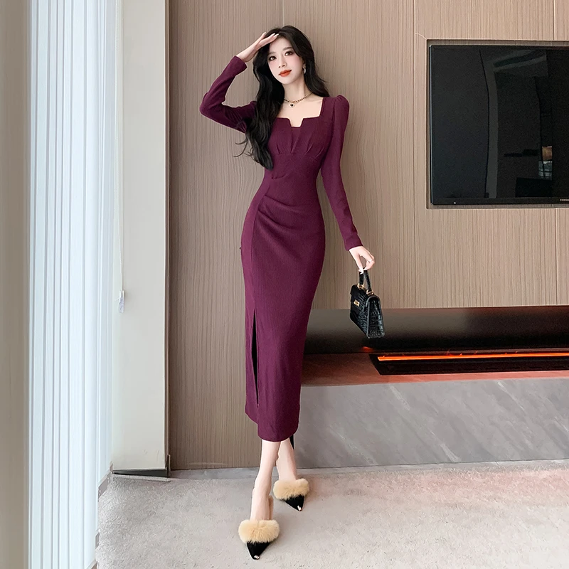 秋冬新款时尚性感法式方领长袖开叉连衣裙褶皱收腰显瘦打底长裙女