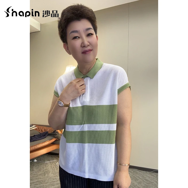 2024夏季撞色翻领薄款针织衫女休闲减龄条纹短袖上衣DY88806-1