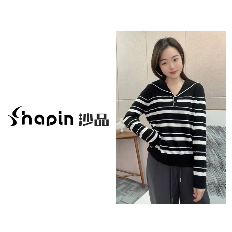 纽扣海军领半开条纹针织衫休闲时尚撞色百搭翻领上衣女MM77288