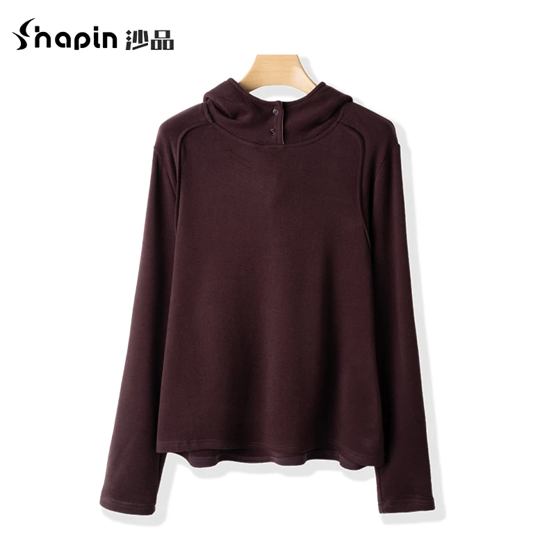 加厚时尚纽扣立领简约纯色连帽打底衫2024秋冬百搭长袖女F9208