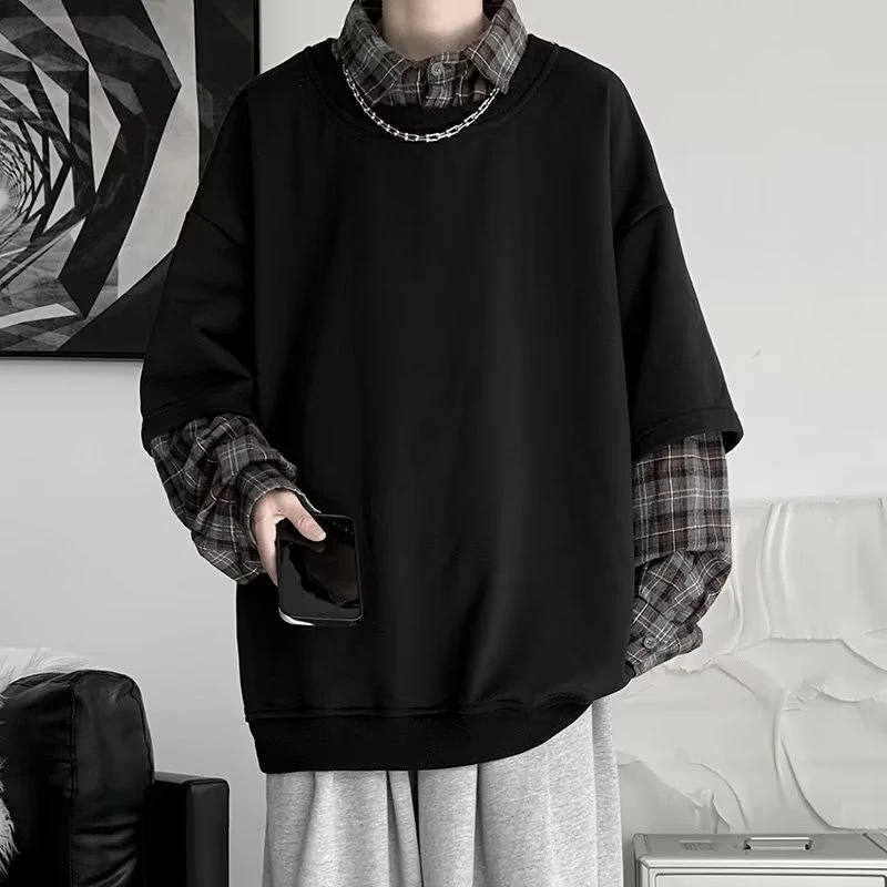 格子拼接假两件卫衣男士春秋季休闲潮流百搭设计感港风新款炸街DS