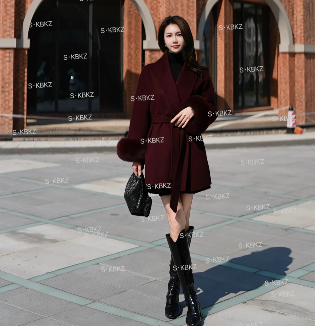 S·KBKZ轻奢时尚独家定制面料氛围感真狐狸毛澳洲羊毛大衣2418秋冬
