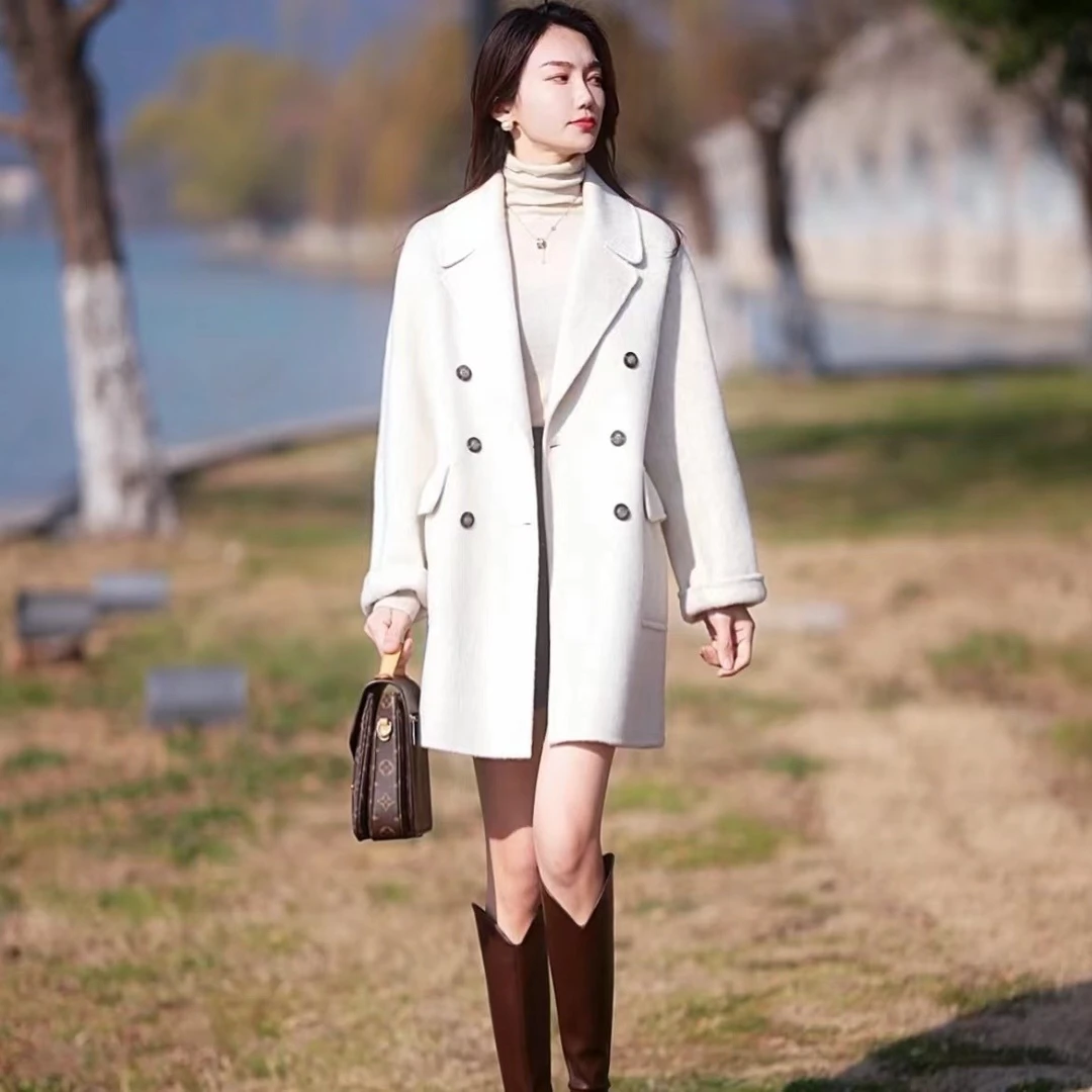 S·KBKZ秋冬极简风小众白色双面通勤长袖短款外套双面呢大衣