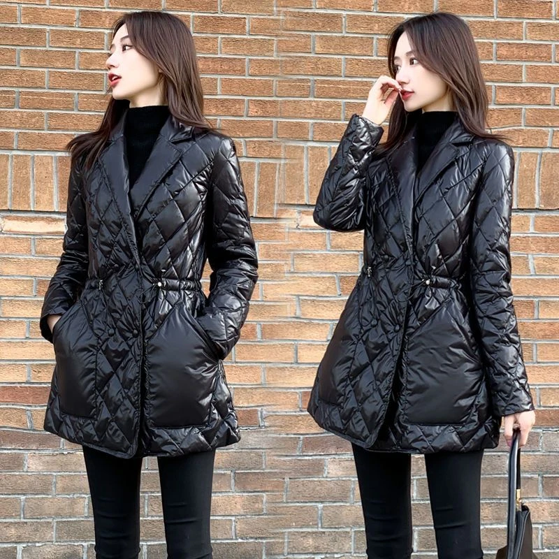 【羽绒服】新款女中长款轻薄宽松菱形格时尚洋气黑色棉衣外套潮