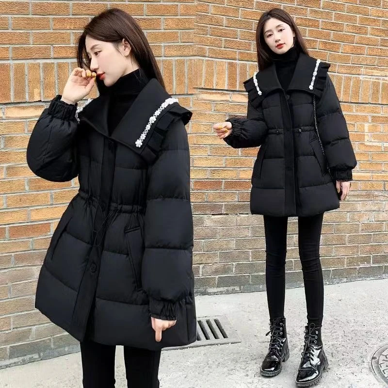 【羽绒服】爆款冬季新款气质宽松中长款过膝女黑色重工钉珠收腰加厚