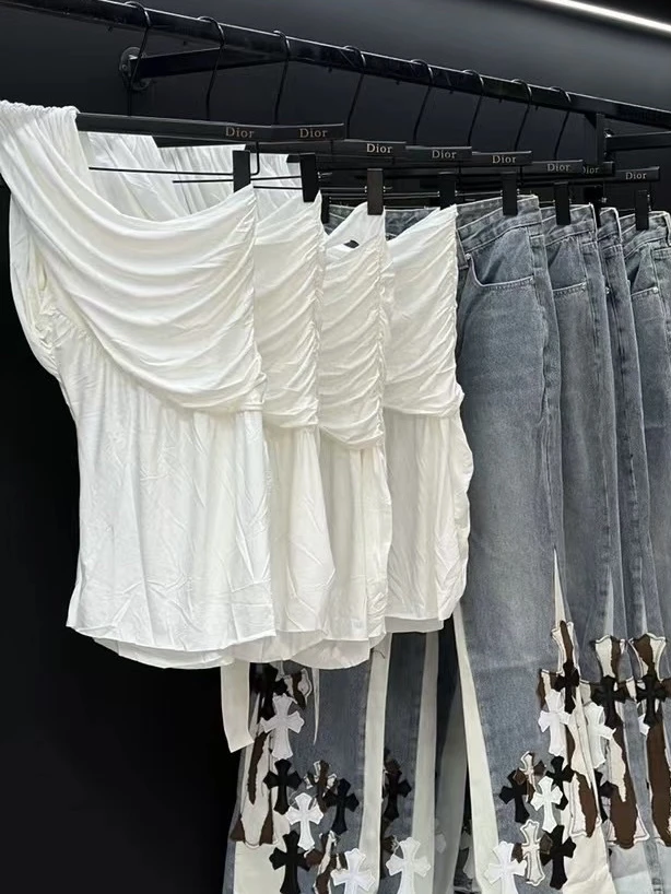 Ro系列新款斜肩褶皱上衣面膜T绝美吊带