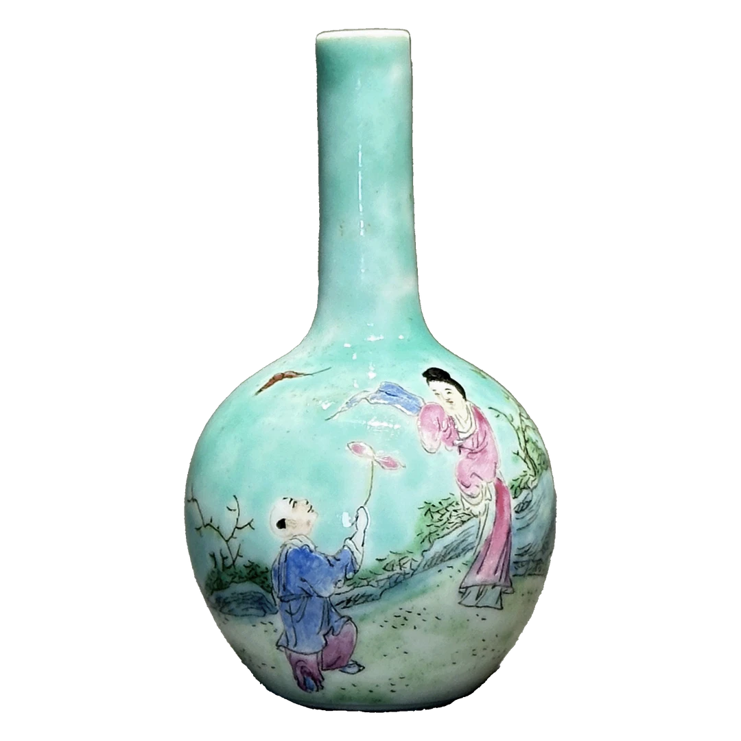 25190208g绿地粉彩教子纹天球瓶