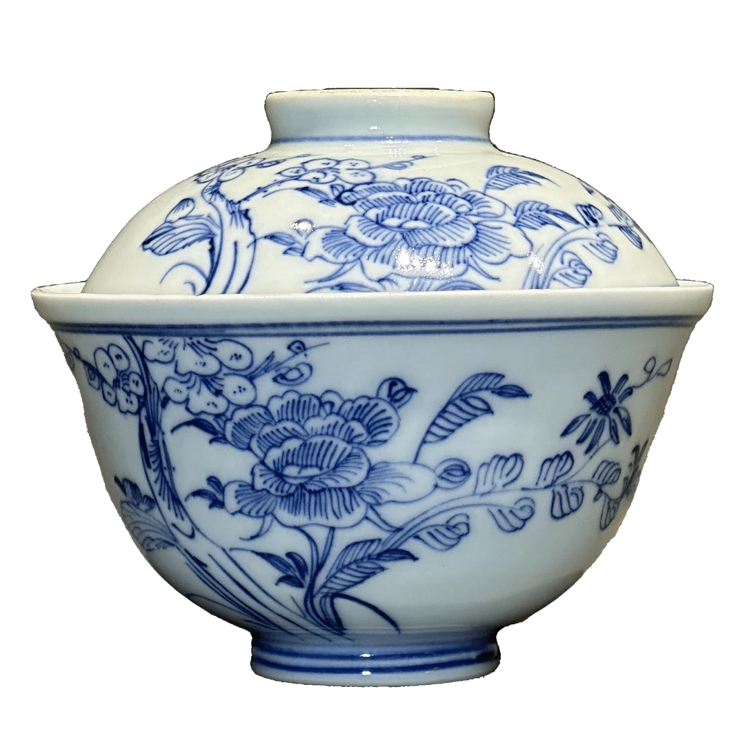 25180819y淡描青花花卉纹盖碗