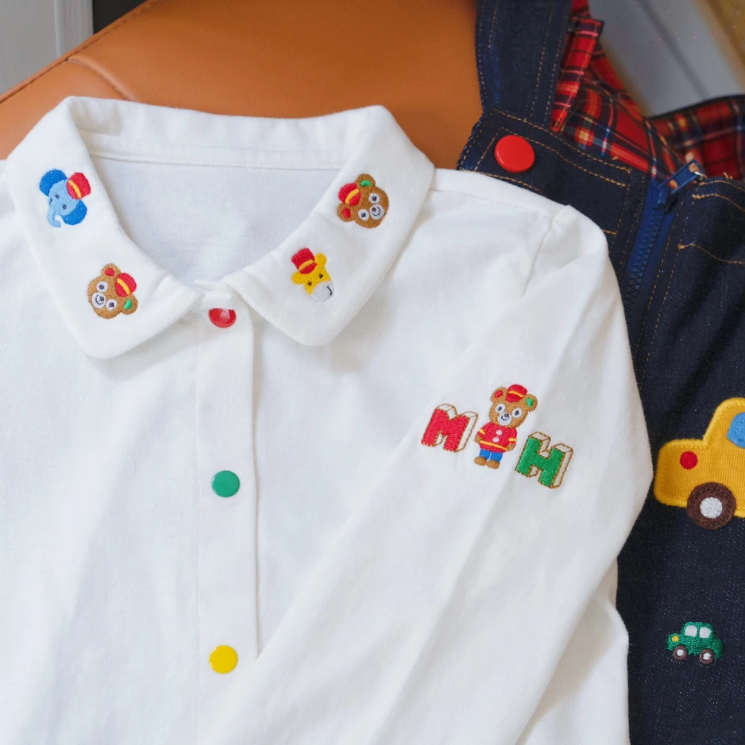 春秋款男童白色衬衫长袖百搭打底可爱微领刺绣儿童内搭衬衣纯棉