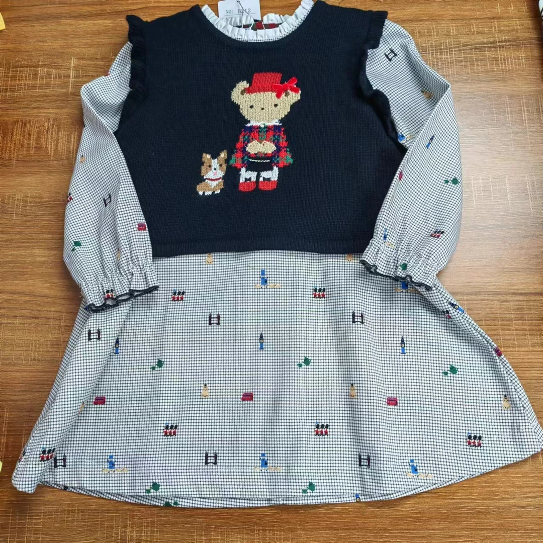 高品质童装春秋潮牌F家女童纯棉碎花裙宝宝连衣裙+毛衣背心气质