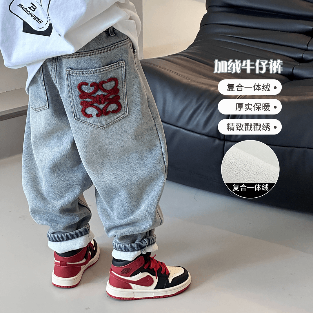 男童加绒牛仔裤2023秋冬新款儿童中大童一体宽松加厚男孩冬季保暖