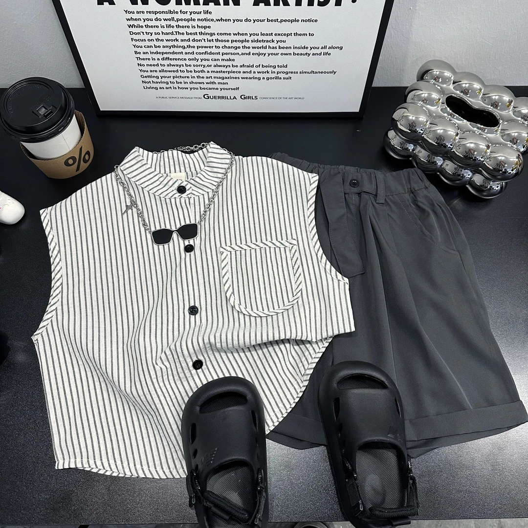 男童背心套装韩童儿童装无袖衬衫2025夏季新款中小宝宝衬衣两件套