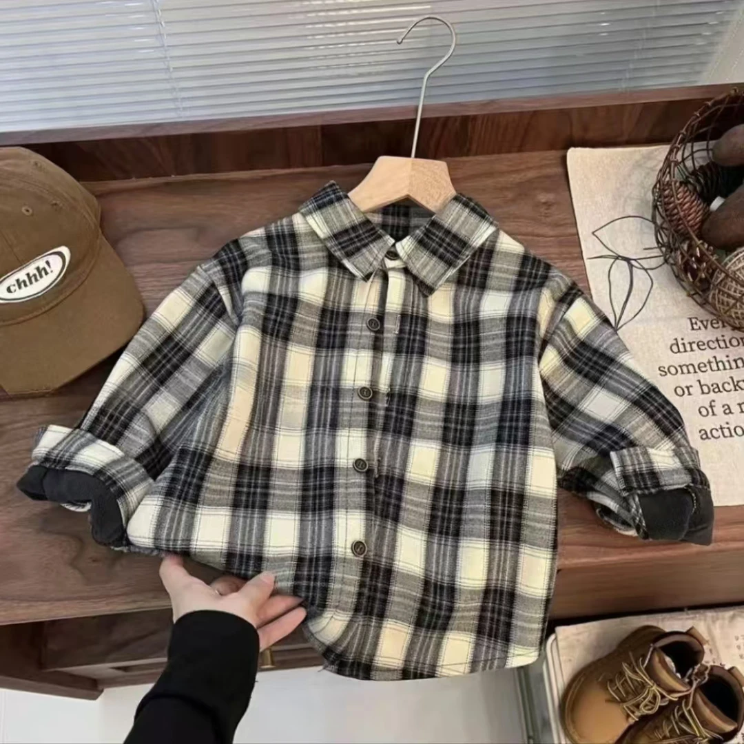 儿童冬装男童衬衫外套加绒加厚宝宝秋冬季2025新款小男孩格子衬衣