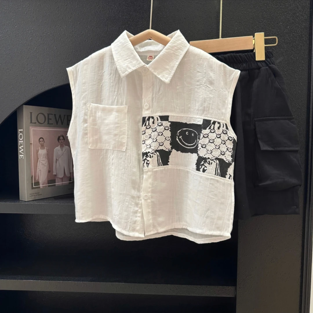 男童夏装套装儿童无袖衬衫2024新款痞帅男小童装男孩韩版帅气洋气