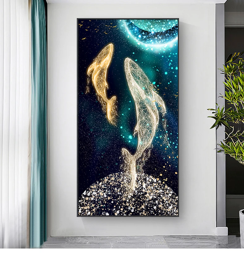 鲸鱼寓意玄关装饰画抽象轻奢现代高档客厅背景墙壁画走廊尽头挂画