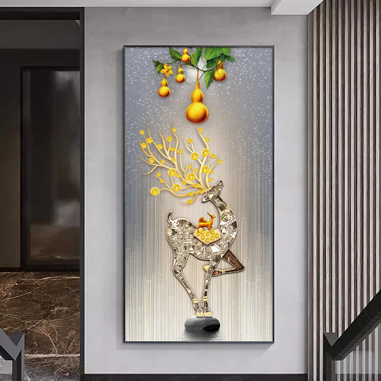 玄关画现代轻奢入户装饰鹿正对门客厅壁画走廊竖版挂画晶瓷镶钻画