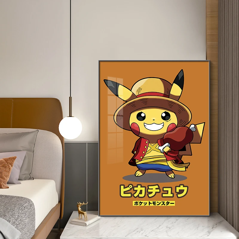 小红书皮卡丘挂画现代潮牌卡通装饰画网红款玄关画儿童卧室晶瓷画
