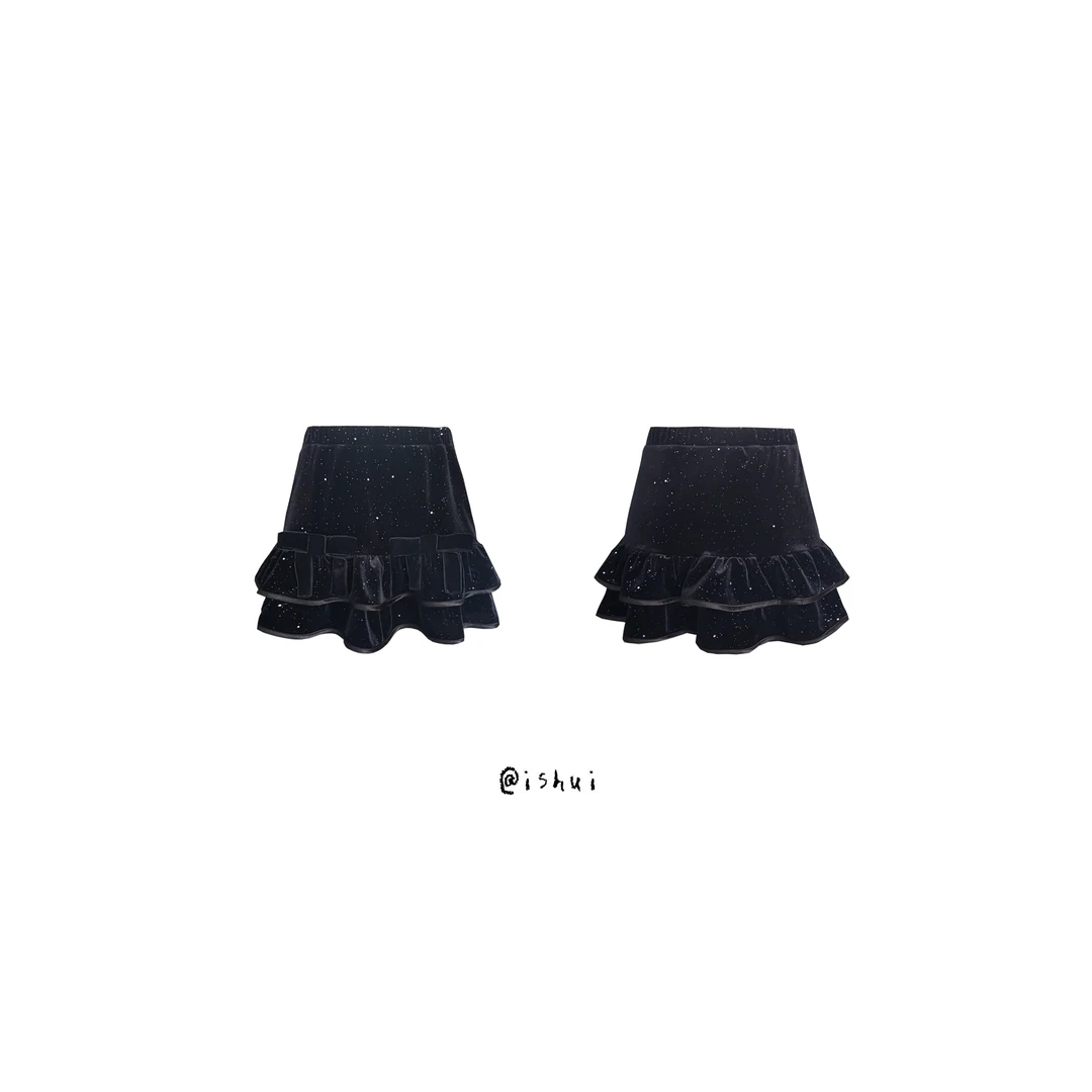 ishui-比利佛少女-Ins风巨好搭百搭!洒金中腰复古细闪黑丝绒半裙