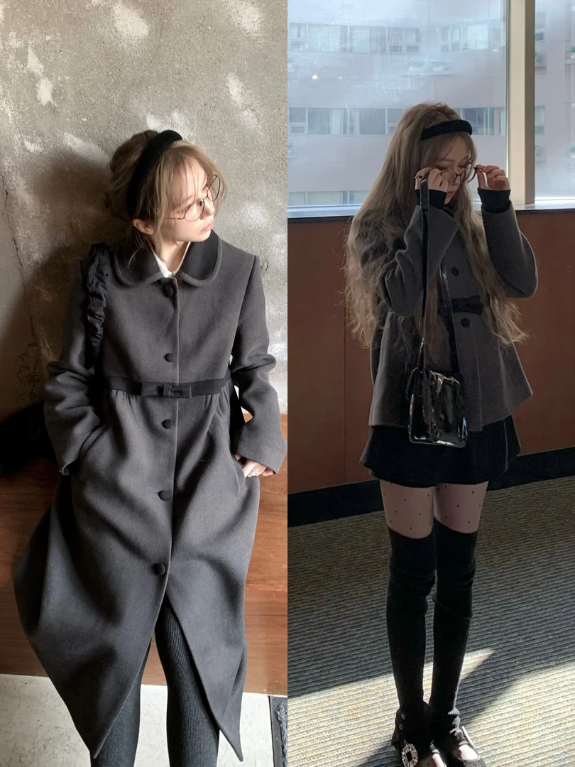 ishui-里约画报-娃娃领气质显瘦中长款蝴蝶结秋冬小众ins风大衣