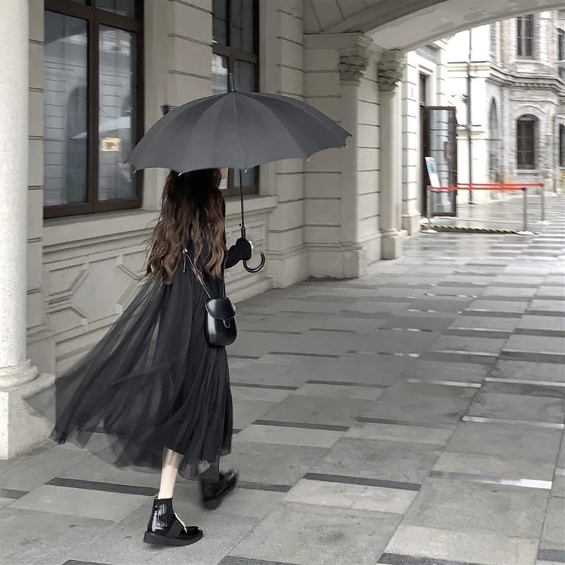 ishui-藏肉buff-赫本风气质百搭内搭黑针织连衣裙网纱拼接连衣裙