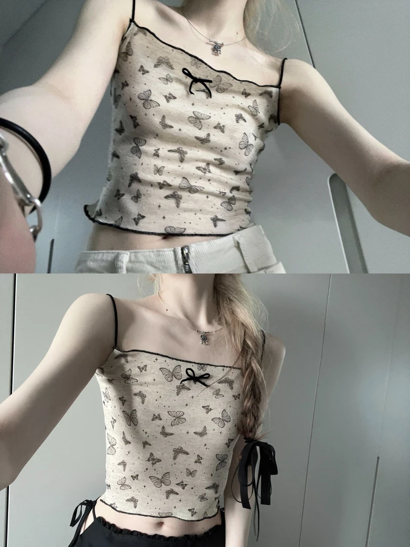 ishui-弗洛伊德花园-纯欲夏季蝴蝶印花Ins小个设计感短袖吊带