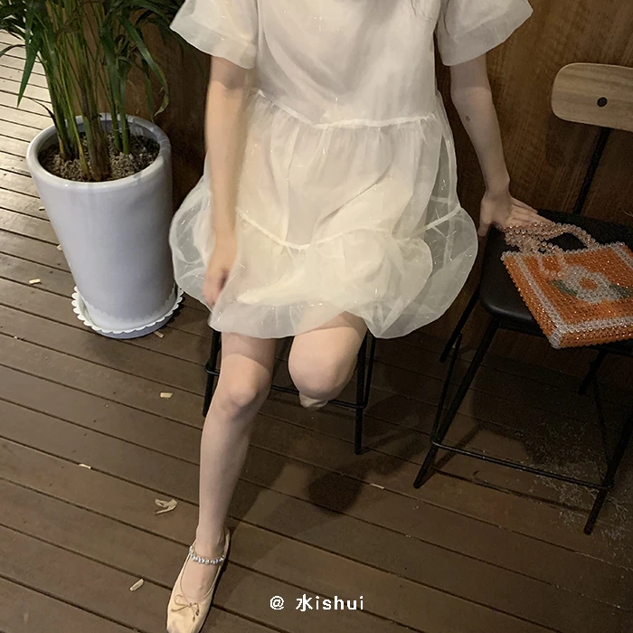 ishui-是牛奶慕斯耶！-气质超甜美连衣裙高腰泡泡袖小个子