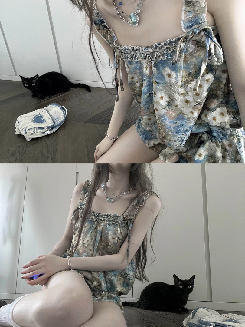 ishui-破碎珍珠-法式小众碎花木耳边边吊带蓝色小清新连衣裙