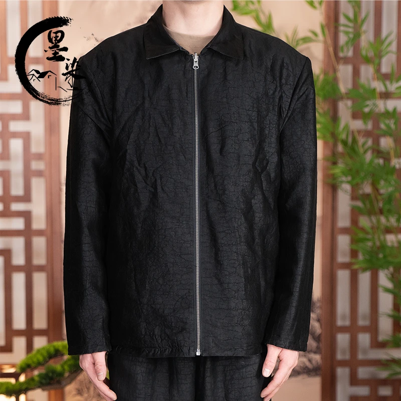 [墨染香云纱]秋冬龟裂纹翻领商务休闲夹克复古皮衣外套HG1016JK