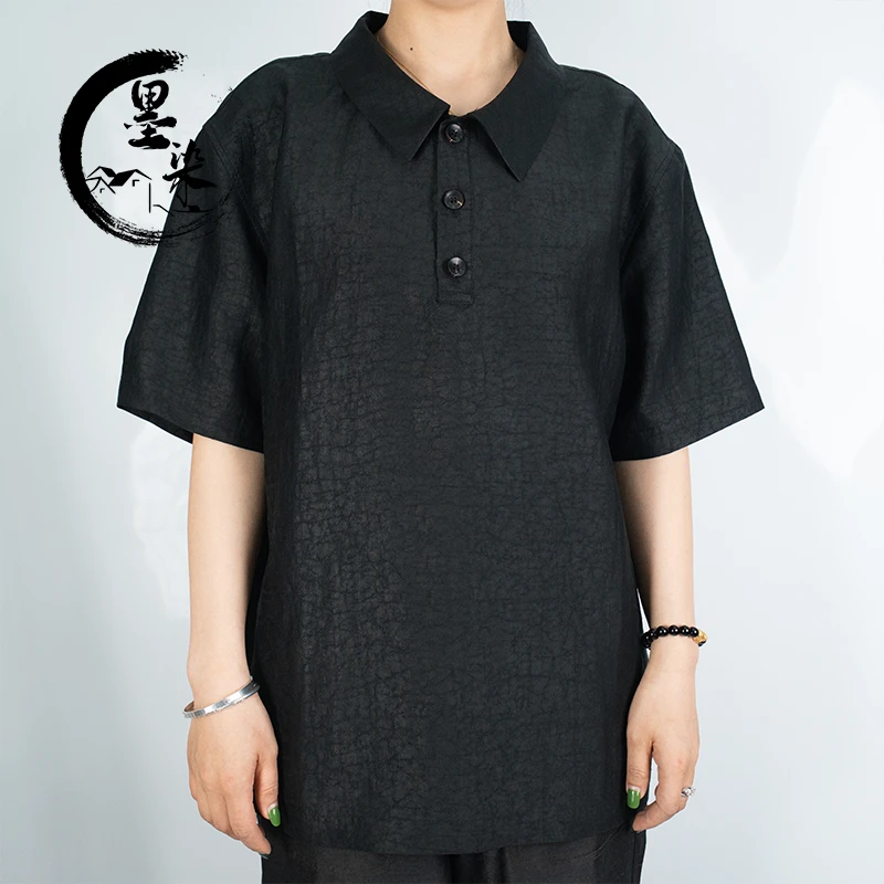 [墨染香云纱]2024夏季黑龟裂纹宽松休闲商务简约Polo短袖HG0427DX