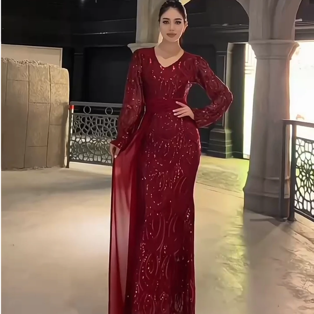 2024晚礼服秋冬气质性感长袖新款鱼尾修身长裙裙子显瘦