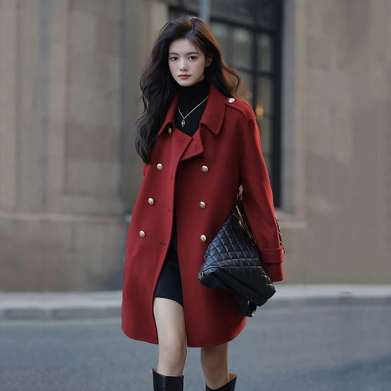 新年战袍红色毛呢外套赫本风中长款高端加棉加厚小个子呢子大衣