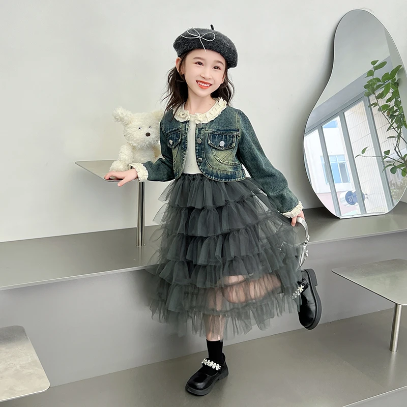 女童牛仔外套打底衫蛋糕裙两件套秋季新款洋气时尚女宝甜美公主裙