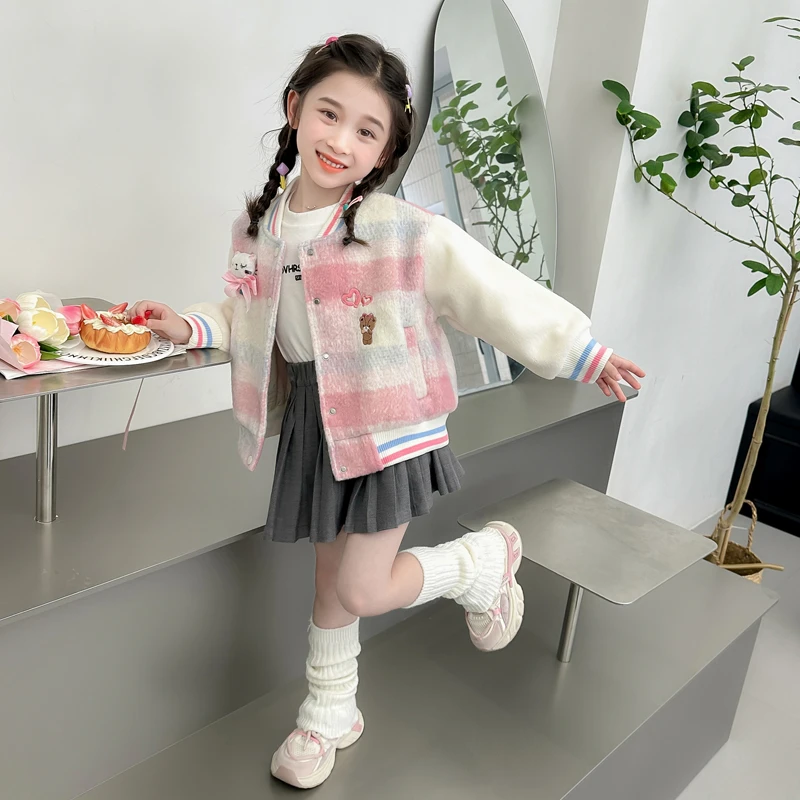 女童毛呢夹克外套秋季新款洋气时尚女宝休闲棒球服卡通上衣百搭潮