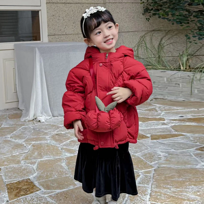 女童南瓜包包棉衣冬季新款洋气时尚有气质女宝宝甜美可爱连帽棉服