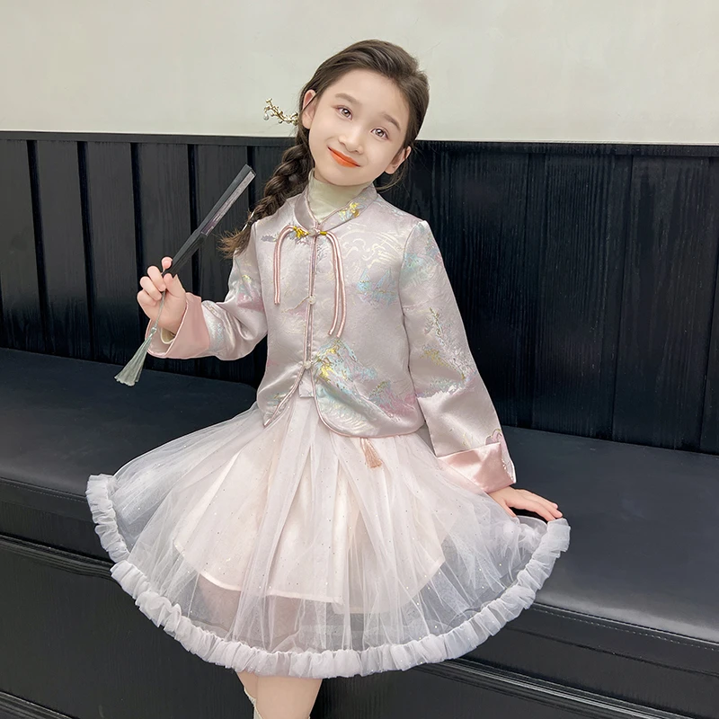 女童新中式玉石扣汉服纱裙洋气时尚秋季新款女宝国风公主裙两件套