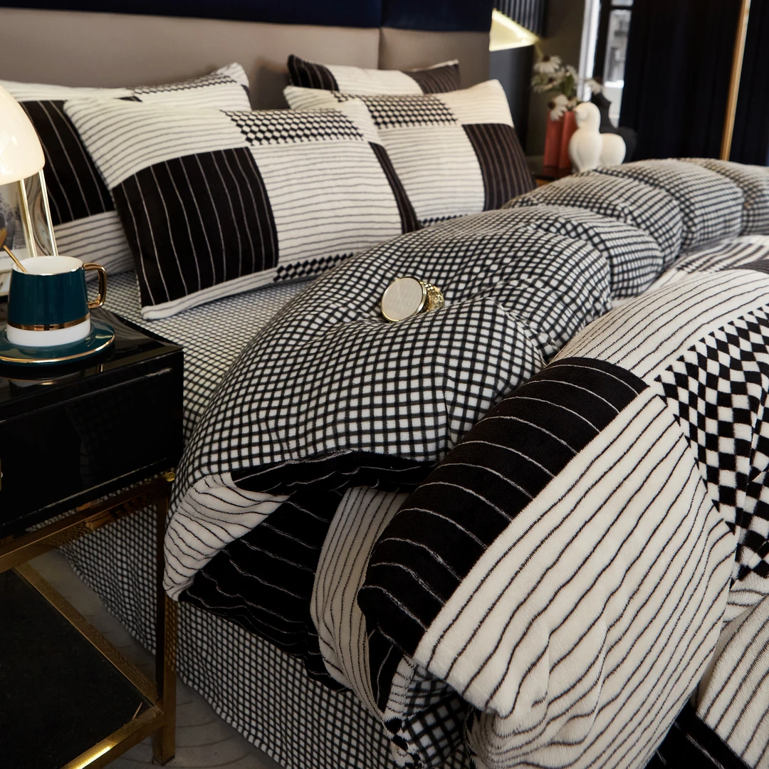 【4-6斤装】薄款牛奶绒床上用品四件套双面绒被套千鸟格轻奢风