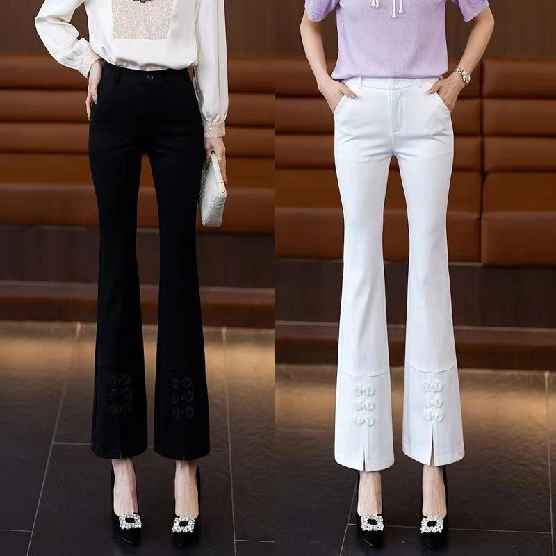 2024春夏新款中式复古盘扣拼接休闲烟筒九分裤女洋气显瘦微喇裤女
