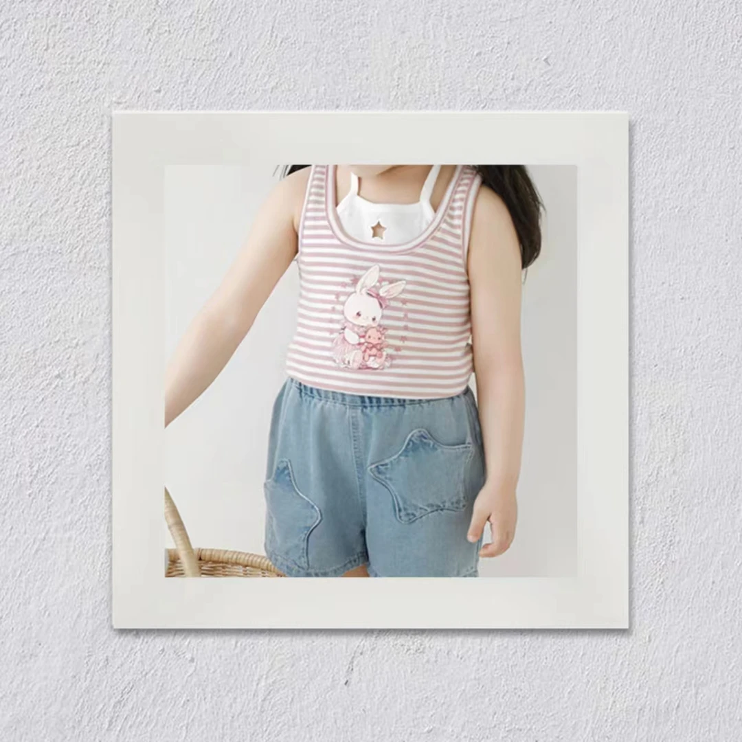 J224女童L·H·NIAO2025新款夏季条纹女童新款短袖可爱T恤