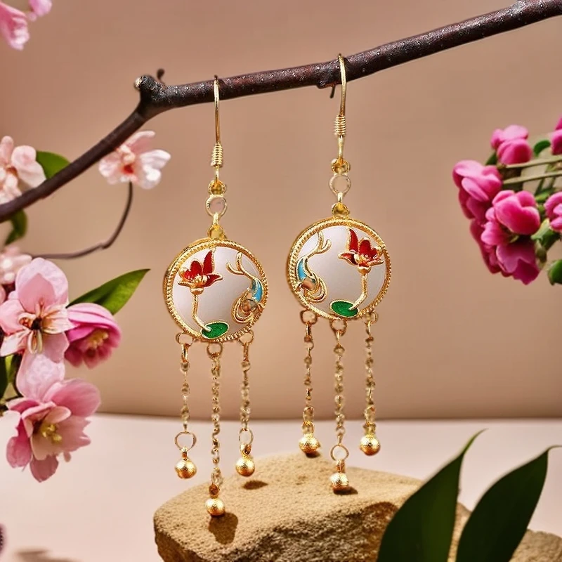 铜合金珐琅耳饰 古法镀金珐琅彩连年有余平安扣耳环