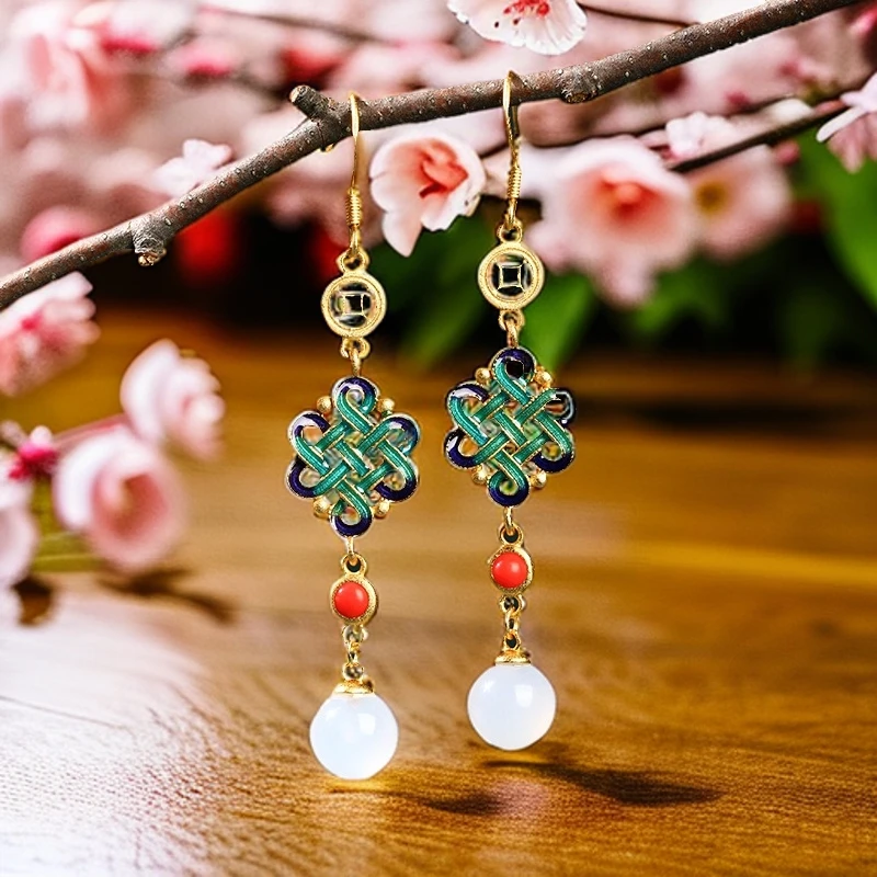 国风银针镀金天然玉髓中国结耳钩