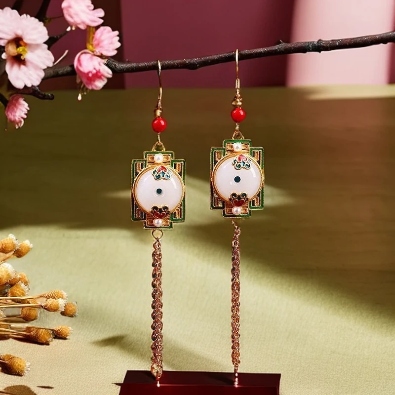 铜合金珐琅耳饰 925银针古法镀金长款流苏平安扣镂空耳环