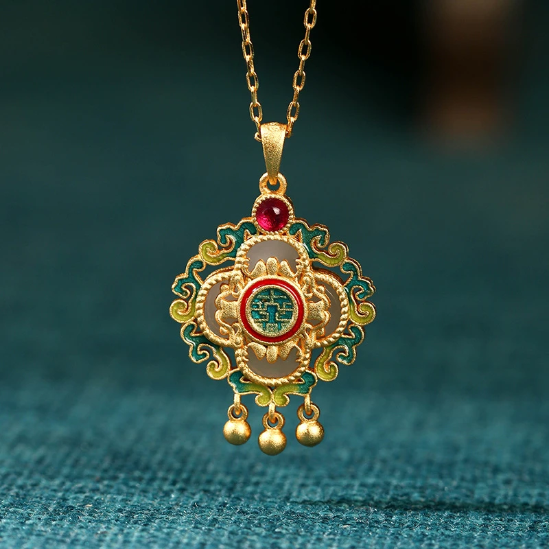 铜合金吊坠 国潮四叶草金镶玉吊坠珐琅玉石锁骨项链