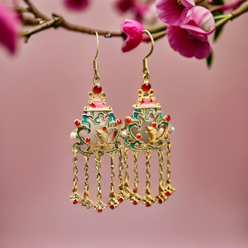 铜合金珐琅耳饰 925银针烧蓝复古风年年有鱼流苏耳饰