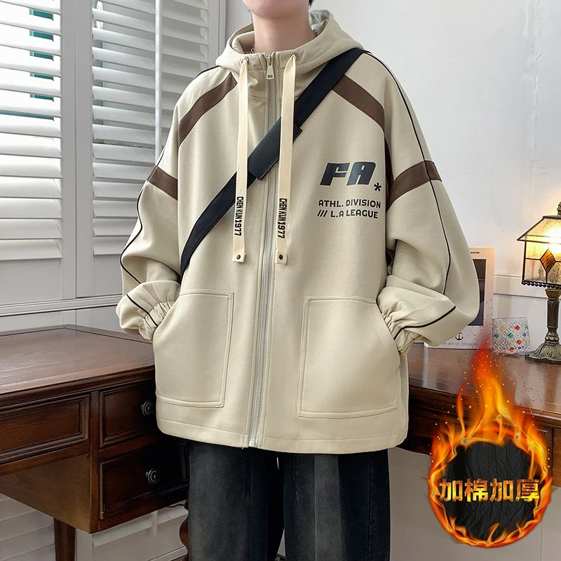 青少年冬季新款连帽夹克潮流宽松印花学生加棉加厚外套男针织外衣